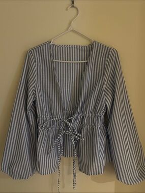 Striped Blue and White Tie-Front Top